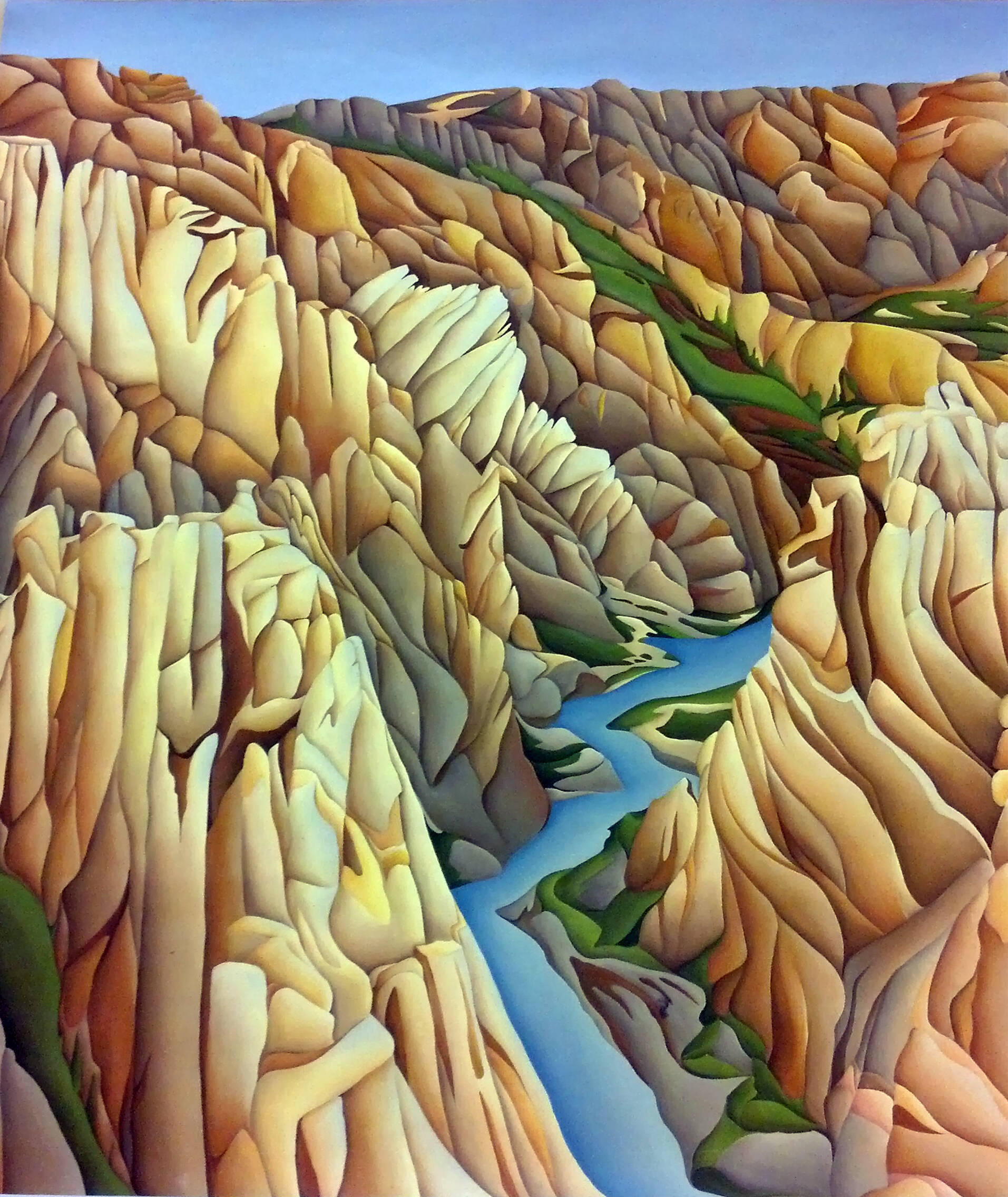 Brightly colored abstracted landscape of a river running through mountains in shades of brown, yellow, and green.